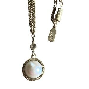 Vintage Pearl Necklace 1928 Signed 18" Gold Tone Lavalier Faux Pearl Pendent